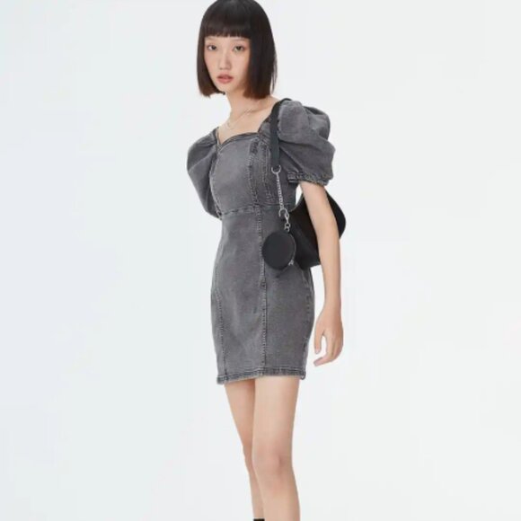 H&M Grey Puff Sleeve Denim Mini Dress Small Bodycon Streetwear - Picture 2 of 11